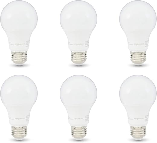 Amazon Basics A19 LED Light Bulbs, 60 Watt Equivalent, Energy Efficient 9W, E26 Standard Base, Soft White 2700K, Dimmable, 10,000 Hour Lifetime , 6-Pack