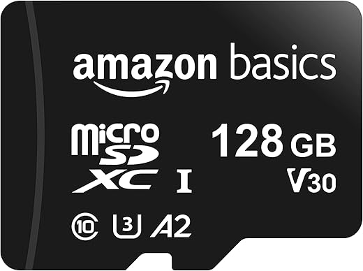 Amazon Basics Micro SDXC Memory Card with Full Size Adapter, A2, U3, Read Speed up to 100 MB/s, 128 GB, Black