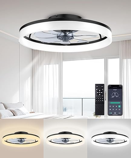 Ceiling Fans with Lights and Remote, 20"Modern Low Profile Ceiling Fan with Light , Stepless Color Temperature Change and 6 Speeds, Flush Mount Ceiling Fans for Bedroom, Kids...