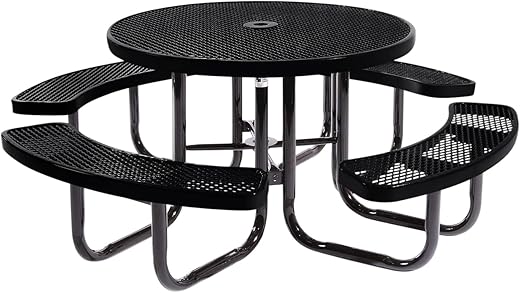 Coated Outdoor Furniture Heavy-Duty Portable Outdoor Picnic Table with Umbrella Hole, Expanded Metal Commercial-Grade Patio Dining Furniture Made in America (46" Round Top, Black)