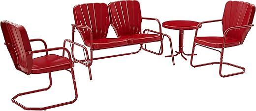 Crosley Furniture Ridgeland 4-Piece Retro Metal Outdoor Loveseat Glider Patio Furniture Set for Porch, Deck, Bright Red Gloss