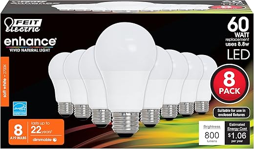 Feit Electric A19 LED Light Bulbs, 60W Equivalent, Dimmable, E26 Standard Base, 90 CRI, 800 Lumens, 2700K Soft White, 120V, 22 Years Lifetime, Damp Rated, 8 Pack, OM60DM/927CA/8