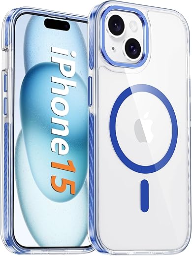 FNTCASE for iPhone 15 Magnet Case: Magnetic Shockproof Clear Slim Protective Cell Phone Cover | Rugged Drop Protector with Built-in Anti-Collision Tape & Metal Button Design(Blue)