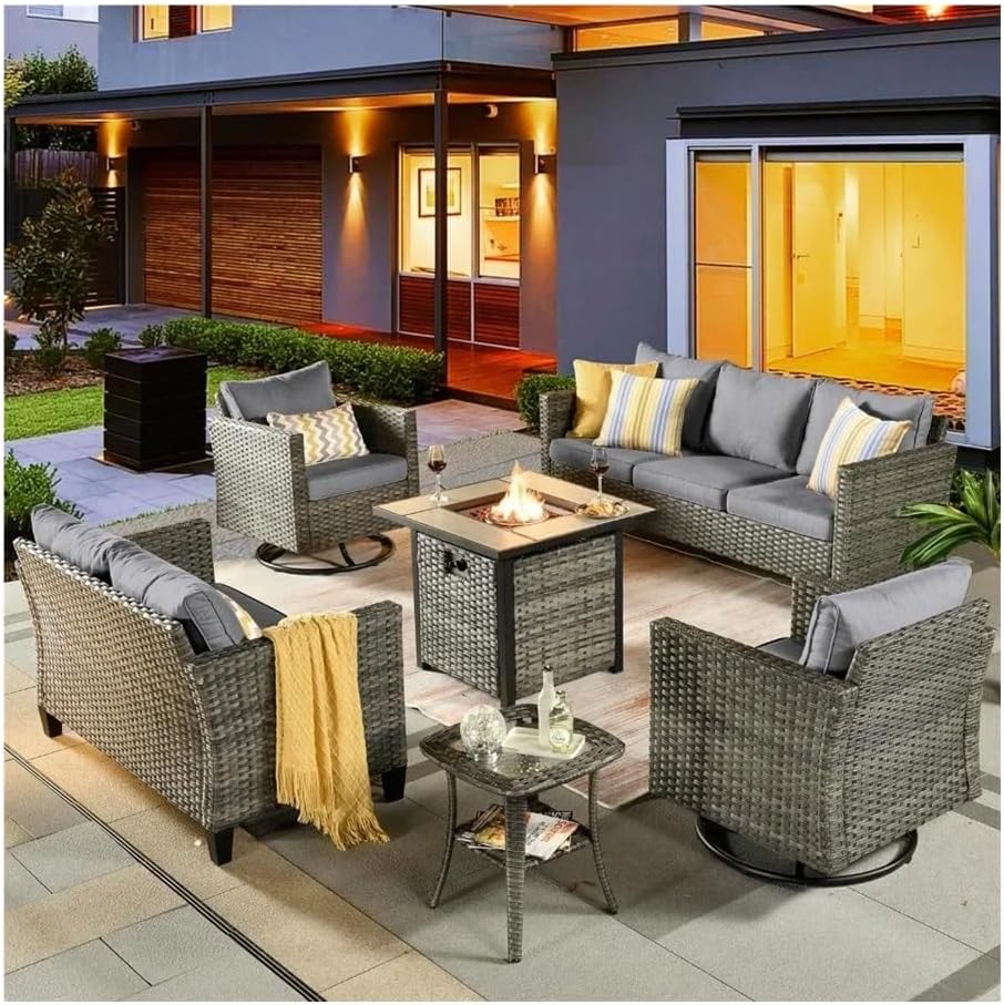 Garden Outdoor Furniture Set, Porch Outdoor Furniture,Outdoor Sofa Set of 6 with Rocking Swivel Chairs Square Fire Pit Table, Patio Furniture Set 6 Piece Outdoor Sectional Sofa Set