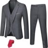 Hihawk Men's 3 Piece Suit with Stretch Fabric, Solid Slim Fit One Button Suit Blazer Set, Jacket Vest Pants with Tie.