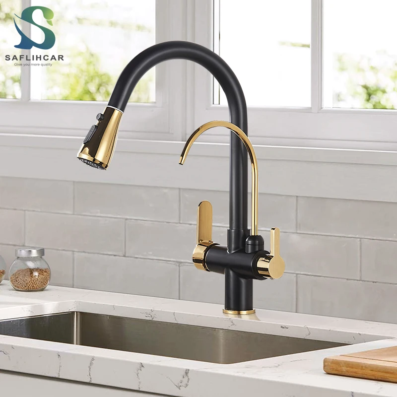 Black Gold Pure Water Faucet Spout Pull Out Dual Water Modes Kitchen Purification Sink Faucet Kitchen Filtered Crane