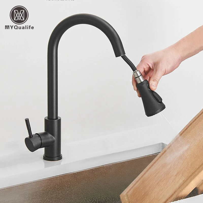 Black Pull Out Kitchen Sink Faucet Deck Mounted Stream Sprayer Kitchen Mixer Tap Bathroom Kitchen Hot Cold Tap