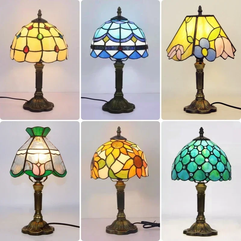 E27 Retro Baroque LED Table Lamp Mediterranean Tiffany Stained Glass Vintage Bedroom Reading Cafe Bar Decor Desk Light With Plug