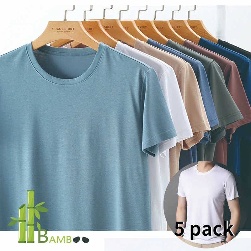 5 Pack BAMBOO And SILK Blend Cool Men's T-Shirts Solid Short Sleeve Crew Neck TShirt Multipack Soft Viscose Cotton Top For Men