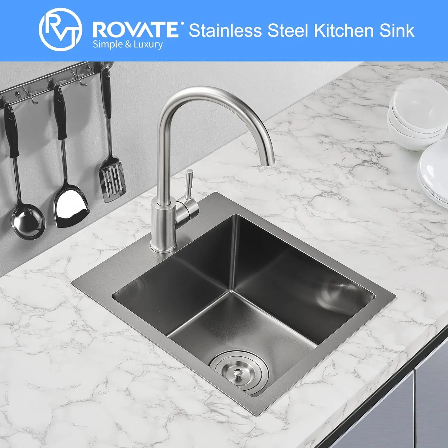 ROVATE 15 x 17 inch Drop in Bar Sink Black Nano Kitchen Sink Overmount Handmade Single Bowl T-304 Stainless Steel Bar Prep Sink