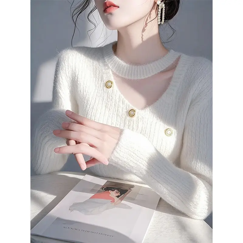 Hollow Out Slim Knitting Bottoming Shirt Women Autumn Winter Simplicity Office Lady Sweater Trend All-match Casual Knitwear Tops