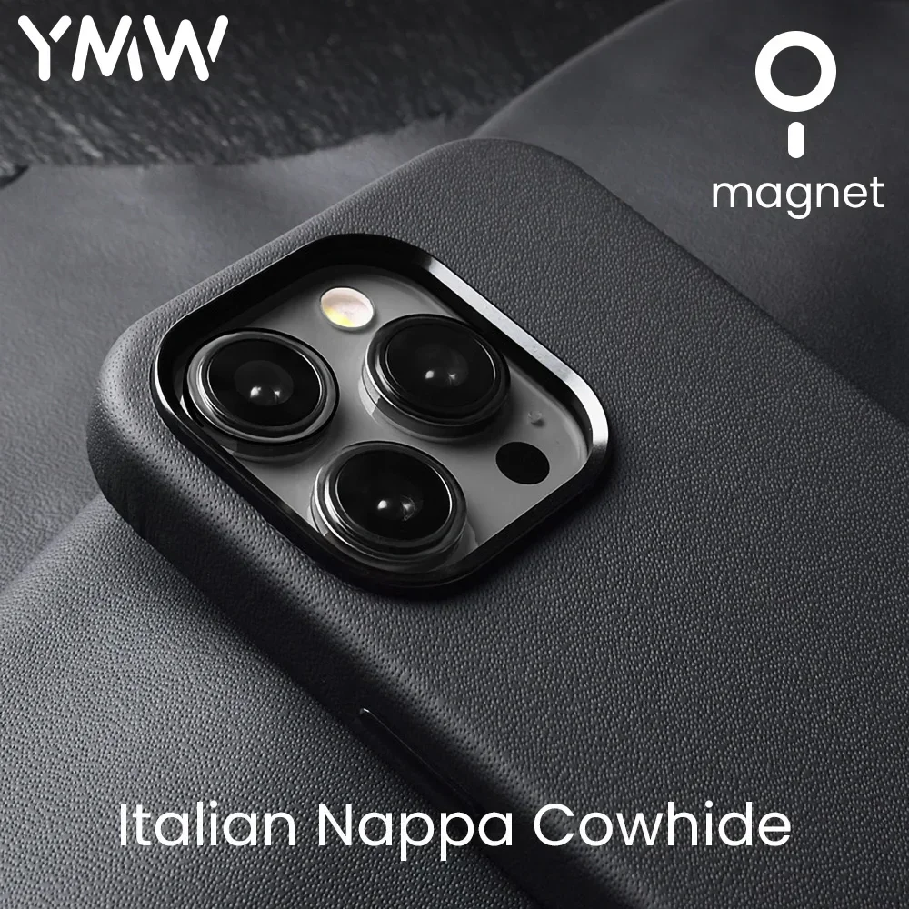 YMW Italian Nappa Genuine Leather Case for iPhone 16 15 14 Pro Max Magnetic Supercar Interior Business Premium Cow Phone Cover