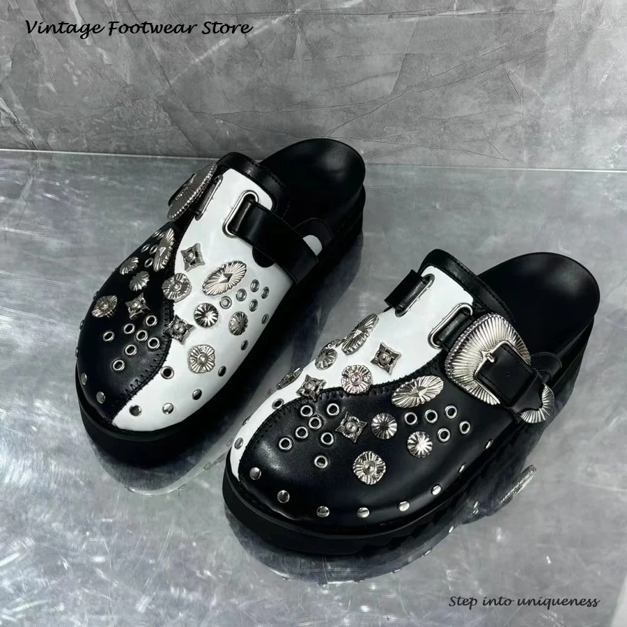 Vintage Women's Slippers with Metal Decoration Cool Round Toe Platform Slides Shoes Metal Buckle Indoor Outdoor Casual Slippers