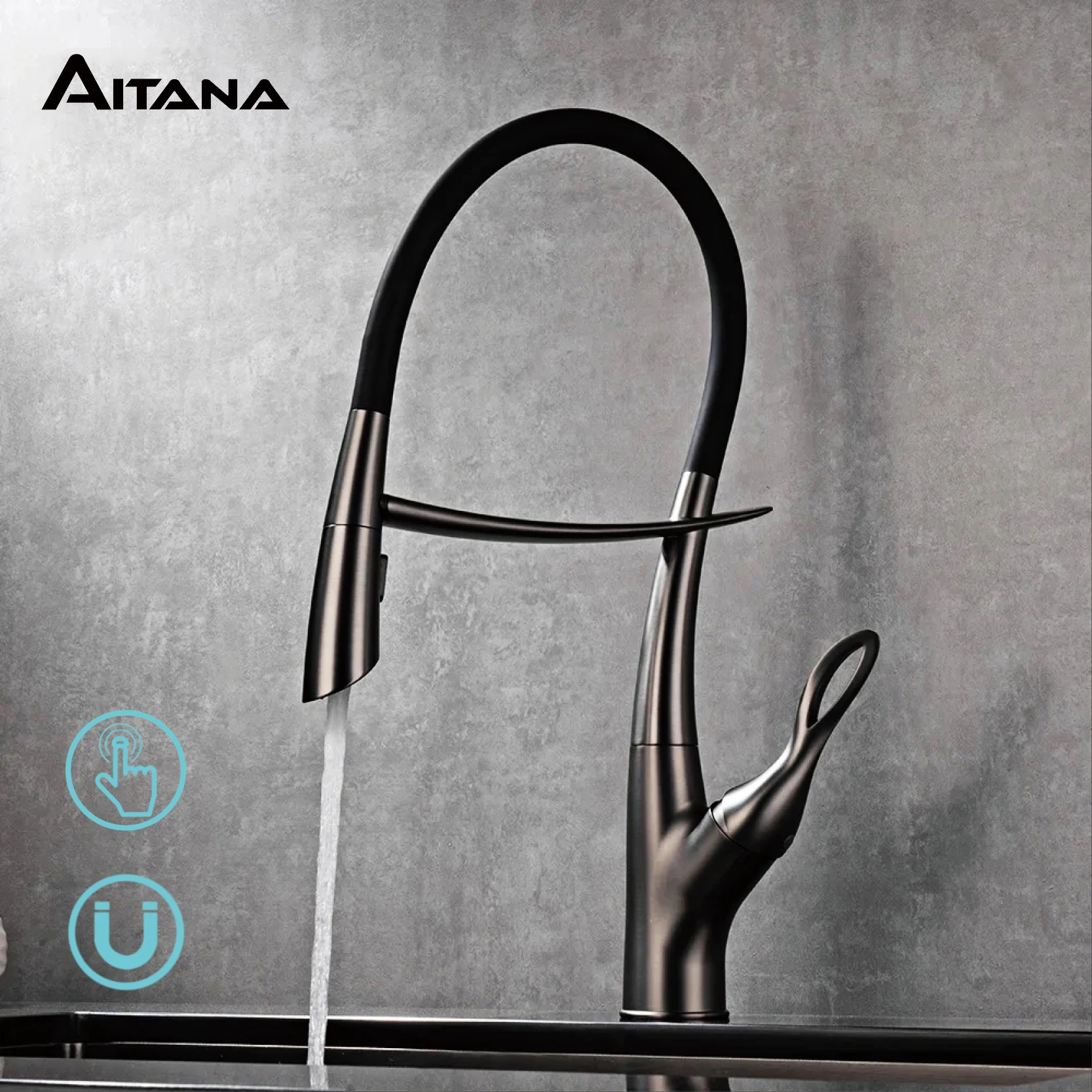 AITANA Luxury Brass Gun Grey Kitchen Faucet Touch Switch Design with Cold and Hot Dual Control Magnetic Sink Simple Mixer