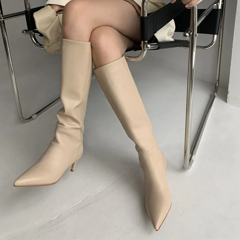 Genuine Leather Knee High Boots Women Pointed Toe Thin Heel Slip On Party Shoes Winter Autumn Tall Long Boot Ladies Footwear