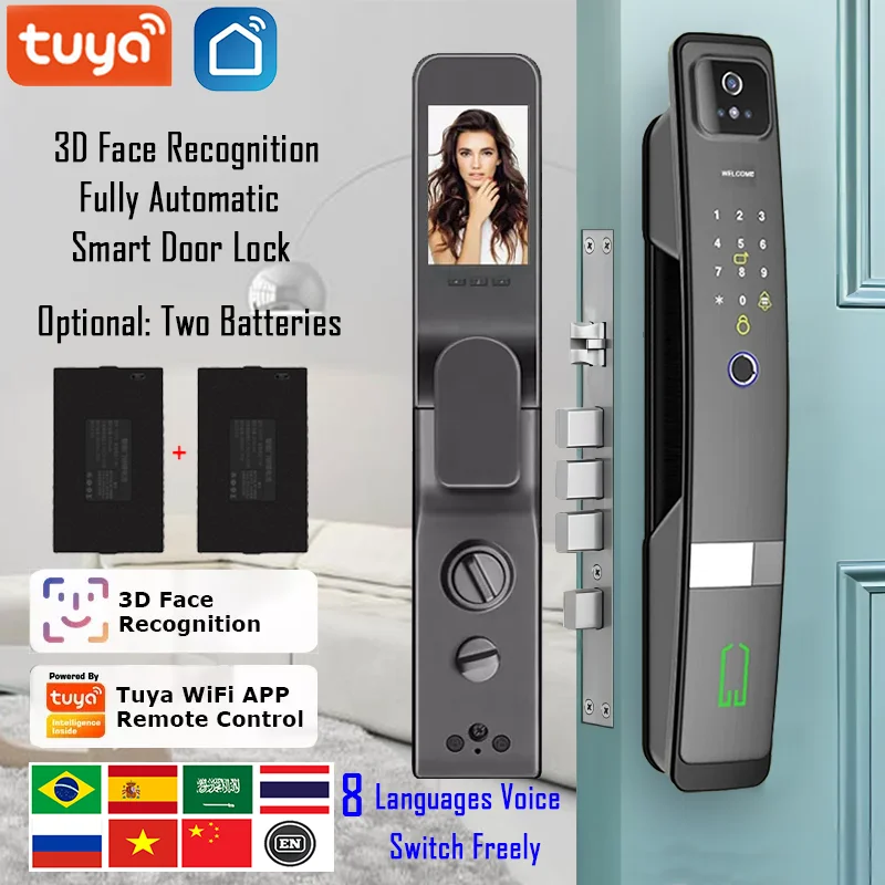 WiFi Tuya APP English/Russian/Spanish/Portuguese Voice Digital 3D Face Recognition Fingerprint Smart Door Lock