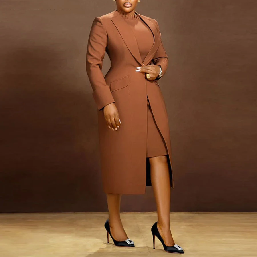 Elegant Office Lady Long Blazer with Dress 2 Pieces Sets Woman Clothing Fashion Work Business African Streetwear Outfits