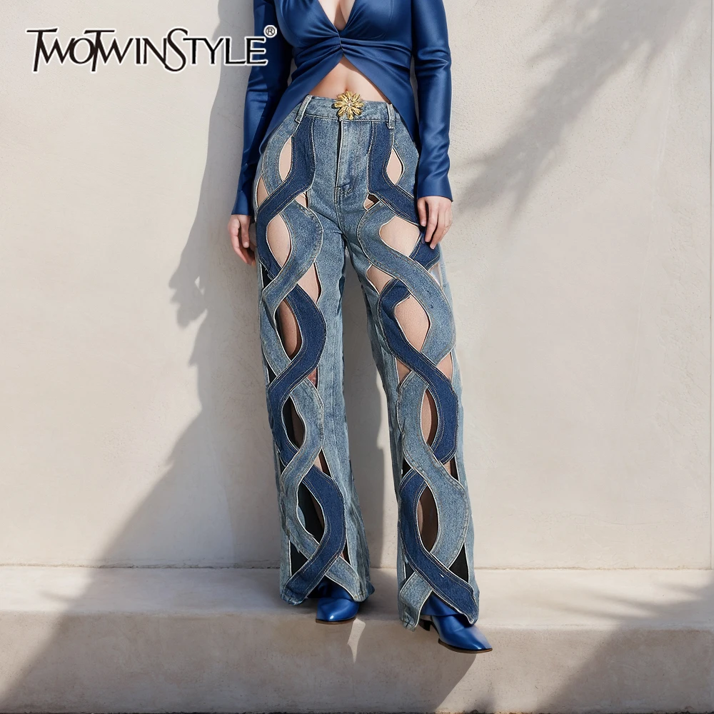 TWOTWINSTYLE Patchwork Zipper Spring Jeans For Women High Waist Hollow Out Casual Wide Leg Pants Female Fashion Clothing New