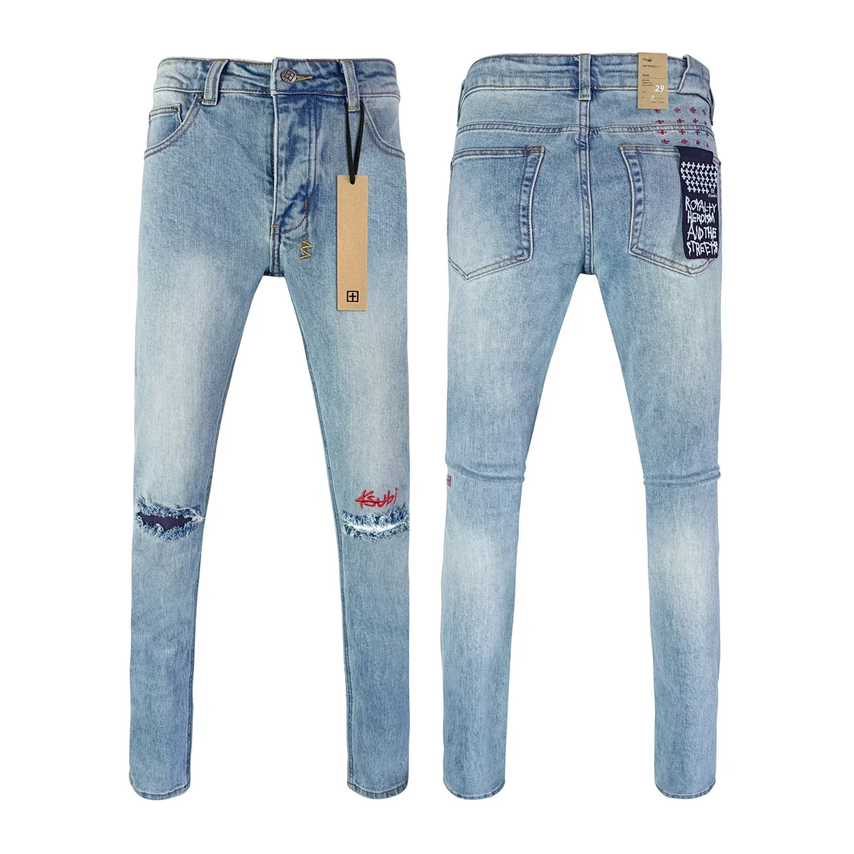 New KSUBI Cross Jeans Men High Street wash Light blue letter embroidery Hole Low Rise Stretch Skinny Pants Ripped Frayed Jeans