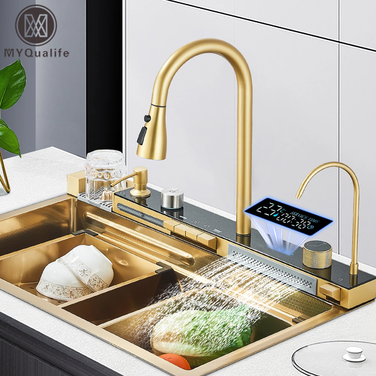 Golden Smart Digital Display Integrated Kitchen Sink Set Temperature Control Waterfall Water Purifier Soap Dispenser Cup Washer