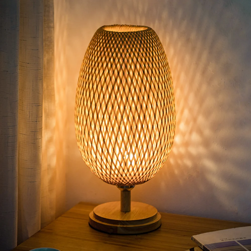 Small Rattan Table Lamp, Stepless Dimmable Beside Lamp, Vintage Wicker Wooden Nightstand Lamp, for Bedroom Living Room Desk