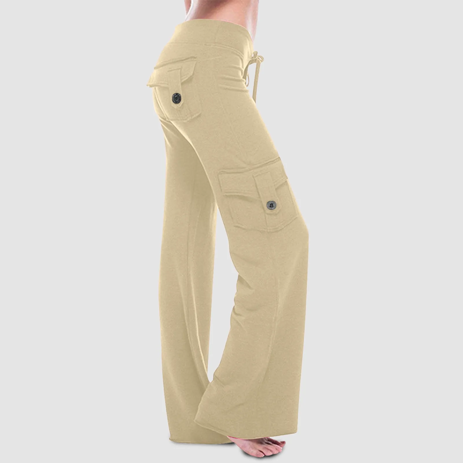 Women Casual Solid Button Pants Micro Flare Multi Pocket Drawstring Trousers Sport Wide Leg Trousers Sports Sweatpants