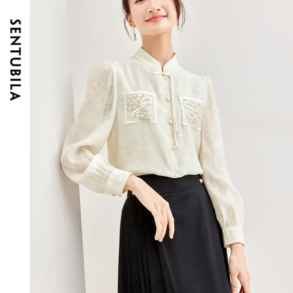 SENTUBILA Chinese Style Elegant Spring Shirts & Blouse Women 2024 Fashion Stand Collar Long Sleeve Top Woman Clothing 133C51925