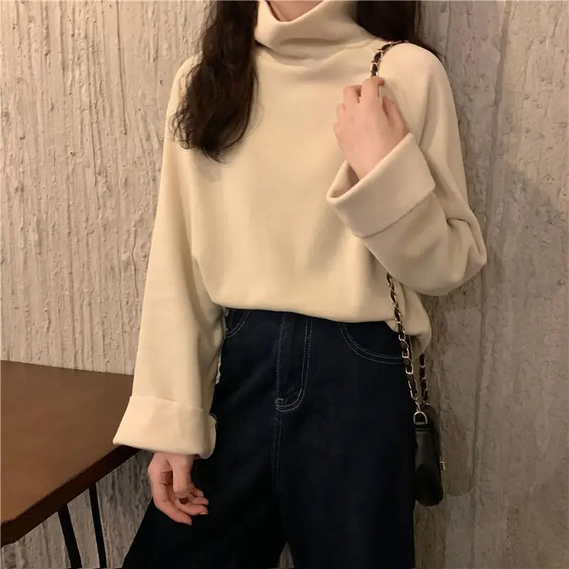 Women Autumn Winter Casual Slim All-match Solid Color Turtleneck Tops Women Clothing Office Lady Simplicity Thick Warm Pullover