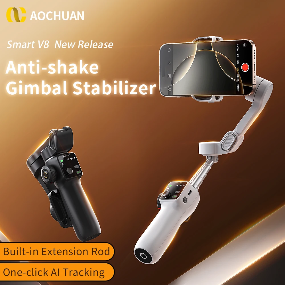 AOCHUAN Handheld Gimbal Stabilizer 3-Axis Smart V8 For Phone with Extension Rod Tripod Face Tracking For iPhone Android TikTok