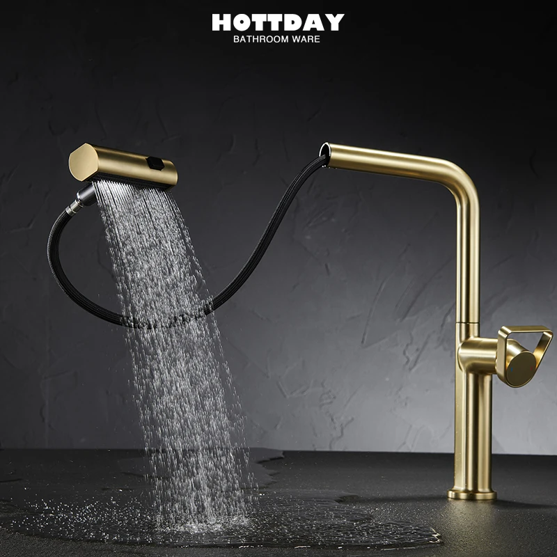 Brushed gold Black Kitchen Faucets Pull Out Rotation Waterfall Stream Sprayer Head Sink Mixer Brushed Nickle Water TapAccessorie