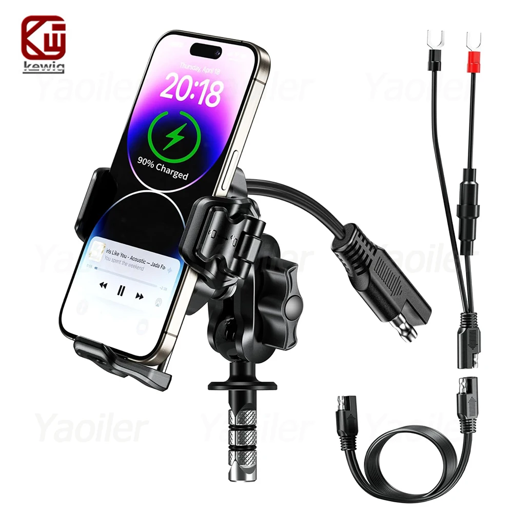 Motorcycle Fork Stem Phone Mount Holder with Qi 15W Wireless Charger & 36W PD/USB-C Fast Charging Port with Vibration Dampener