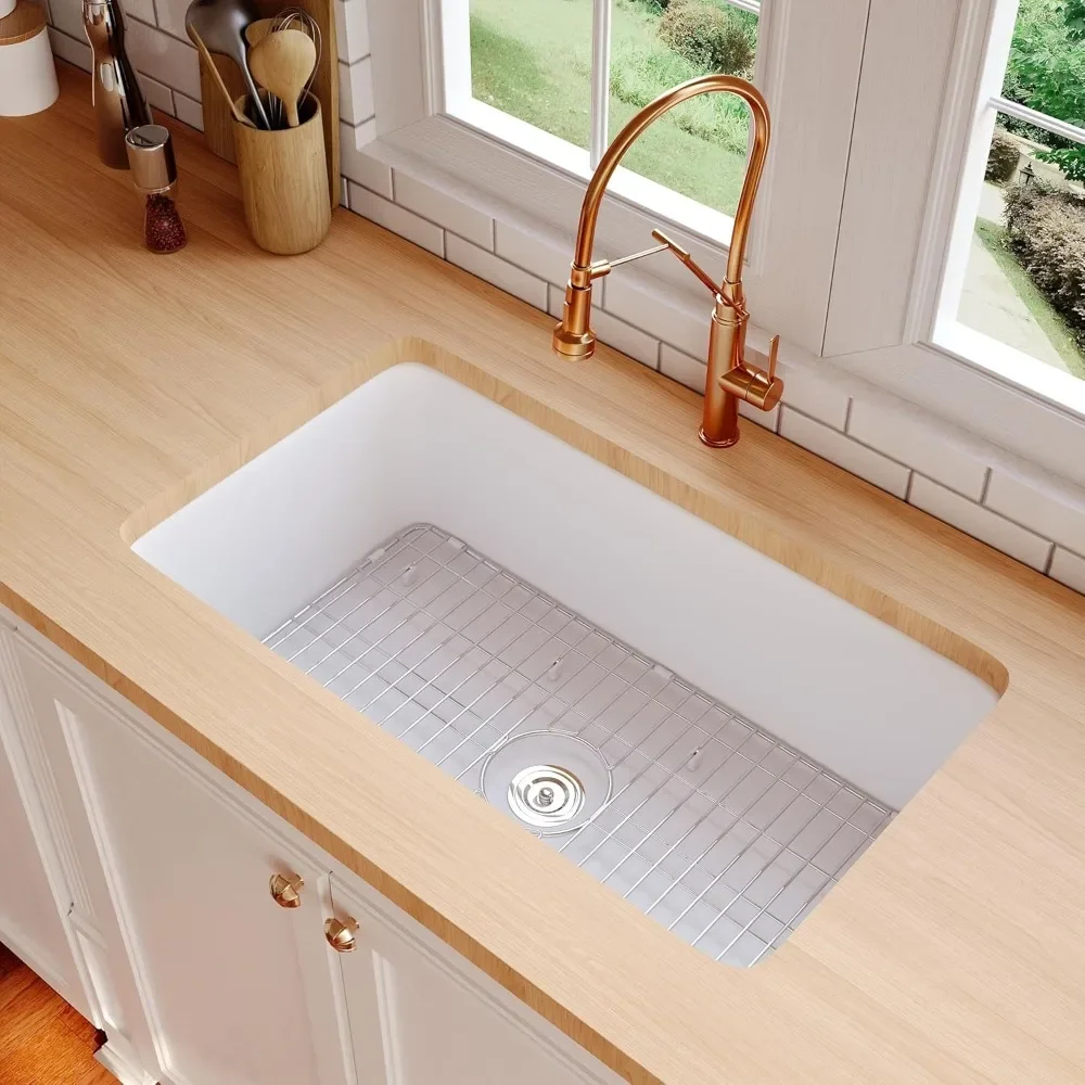 Fireclay Undermount Kitchen Sink, Single Bowl Kitchen Sink, Workstation Sink with Sink Grid and Basket Strainer