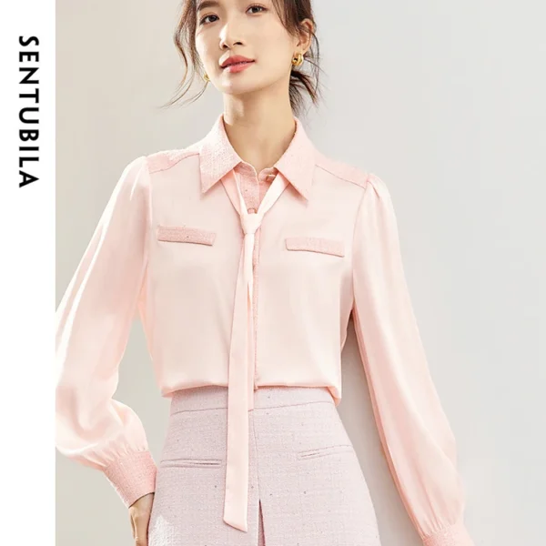 SENTUBILA Spliced Lace-up Bow Pink Shirt & Blouse Female 2024 Spring Office Lady Elegant Long Sleeve Top Women Clothes 141C53245