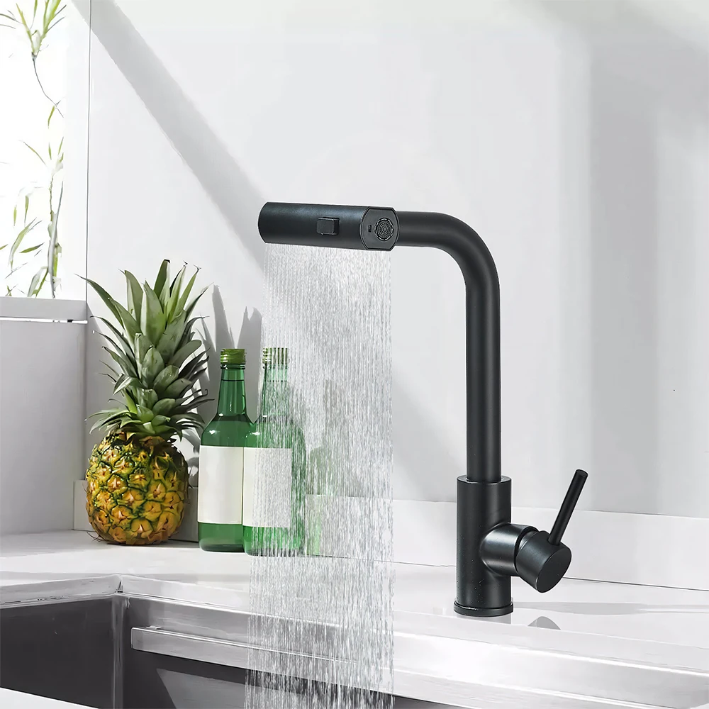 Black Kitchen Faucets Black Pull Out Rotation Waterfall Sprayer Sink Mixer Brushed Nickle Water Tap