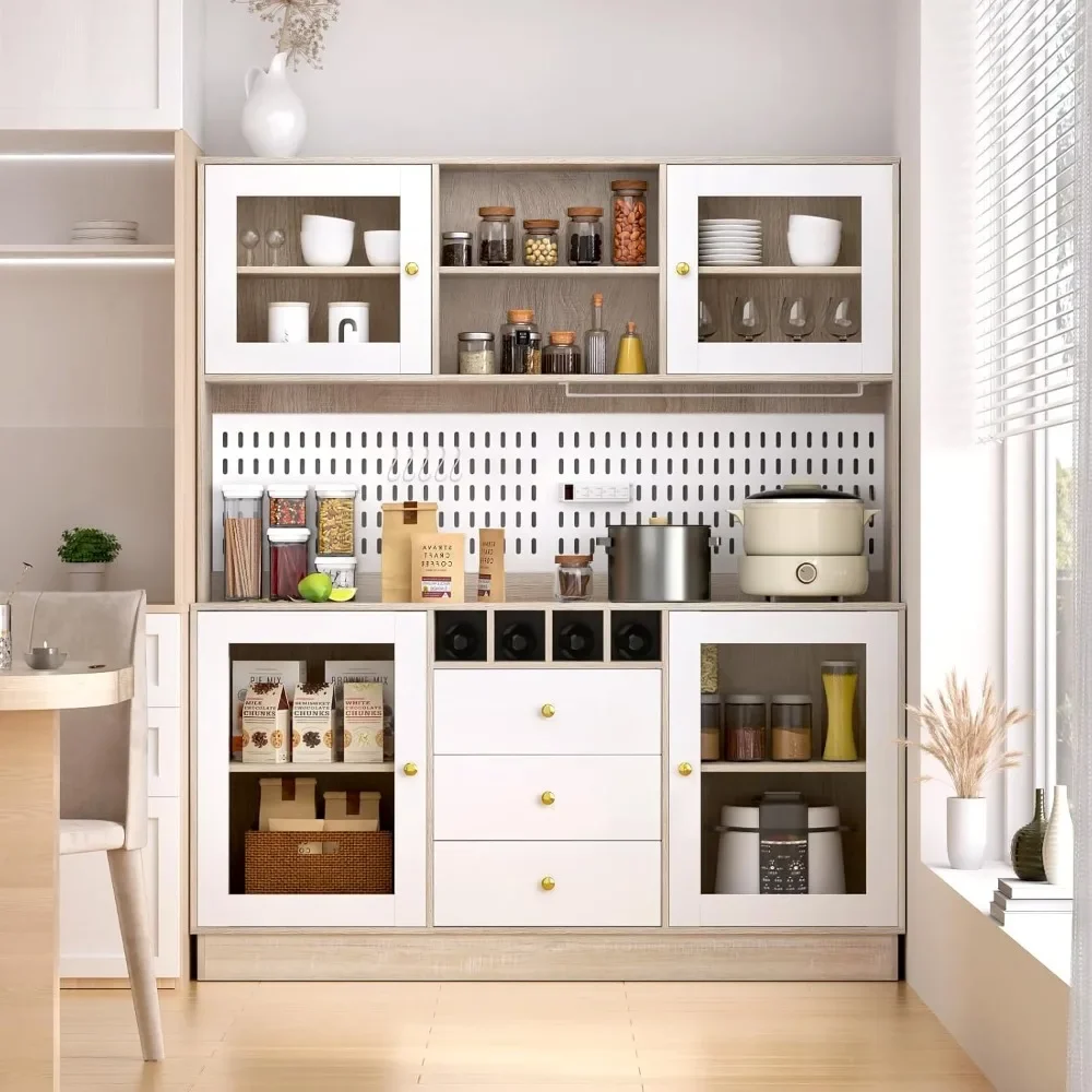 Kitchen Hutch Cabinet, Pantry Cabinet, Power Outlet,Freestanding Buffet Hutch with Pegboard, Cup Holder, 4 Doors & 3 Drawers