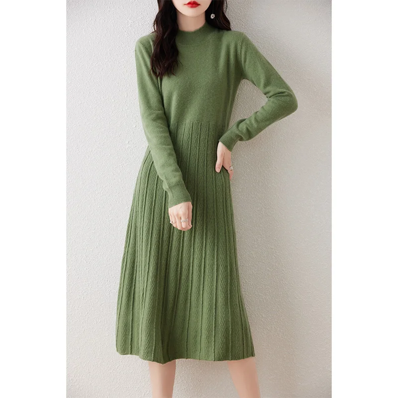 Round Neck Long Sweater Dress for Women, 100% Merino Wool Traf, Long Dress with Cable Flower, Autumn and Winter Clothing, New