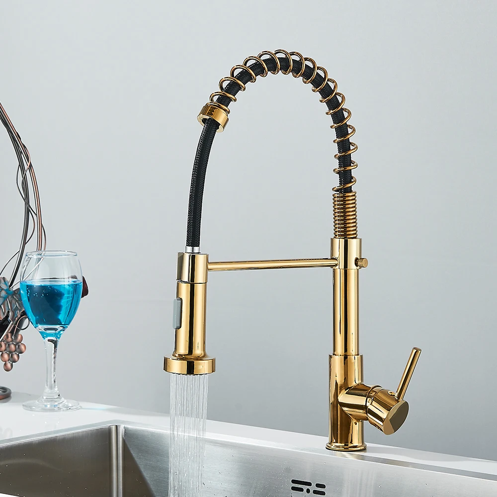 Brushed Gold Kitchen Sink Faucet Spring Pull-down Hot Cold Mixer Faucet Deck Installation Faucet