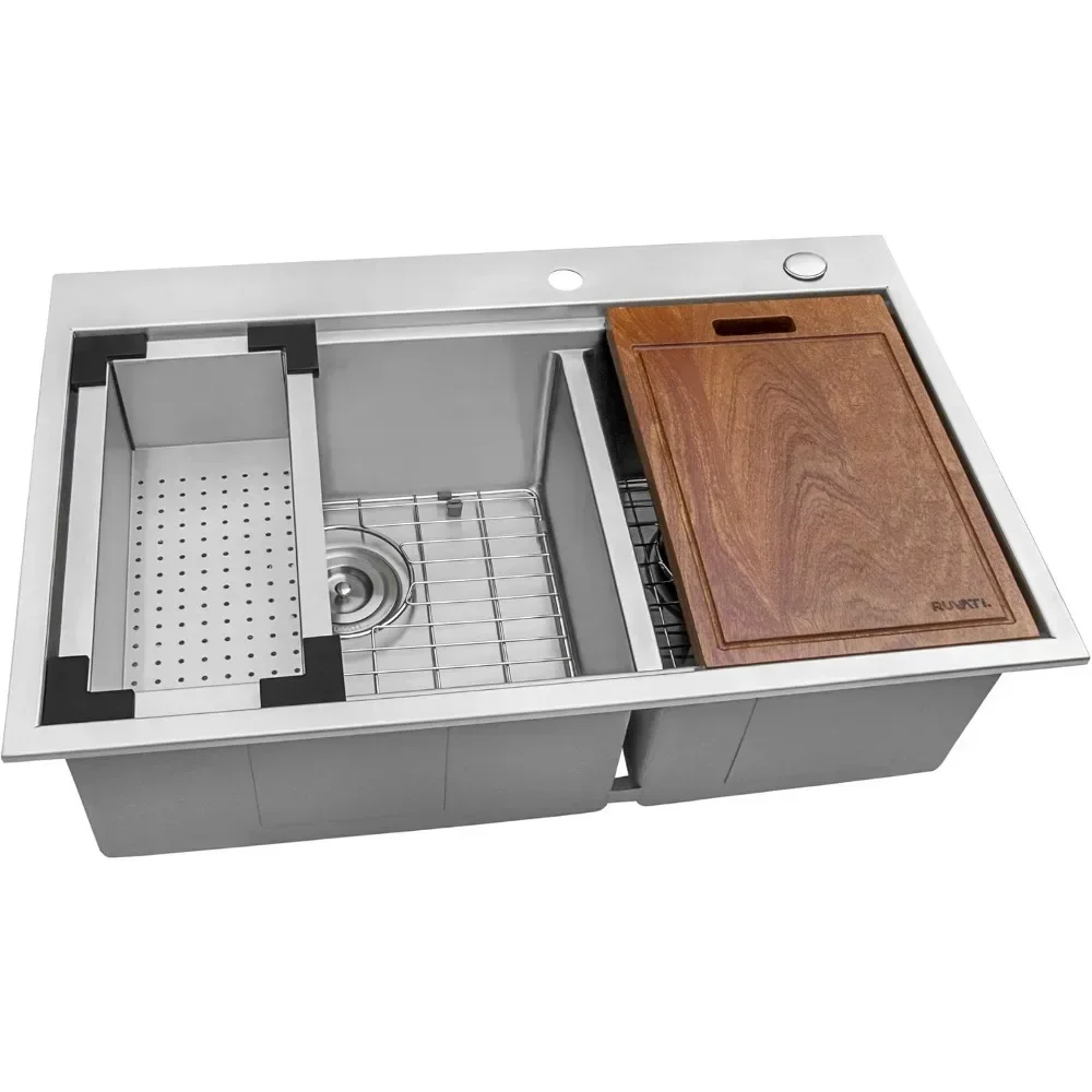 Workstation Drop-in Double Bowl Topmount Tight Radius 16 Gauge Stainless Steel Ledge Kitchen Sink