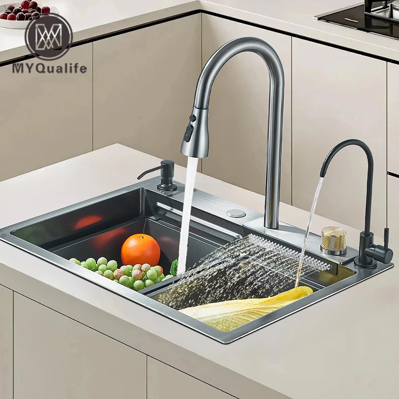 304 Stainless Steel Waterfall Kitchen Sink Large Single Slot Integrated 60X45cm Faucet Set Soap Dispenser Pure Water Tap