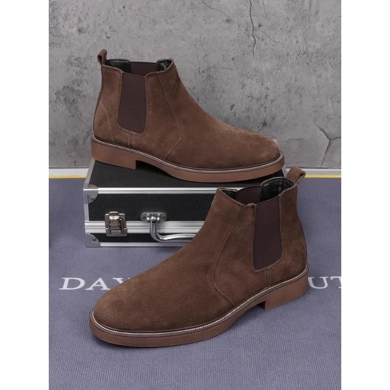 British Style Mens Casual Chelsea Boots Designer Flats Tide Shoes Party Banquet Dress Cow Suede Leather Ankle Boot Autumn Botas