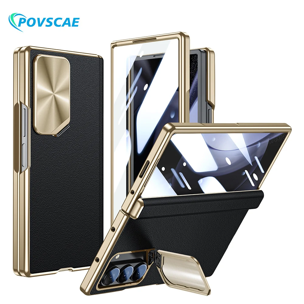 For Samsung Galaxy Z Fold 6 Case with Lens Holder Screen Protector Leather Electroplating Slim Magnetic Hinge Protection Cover