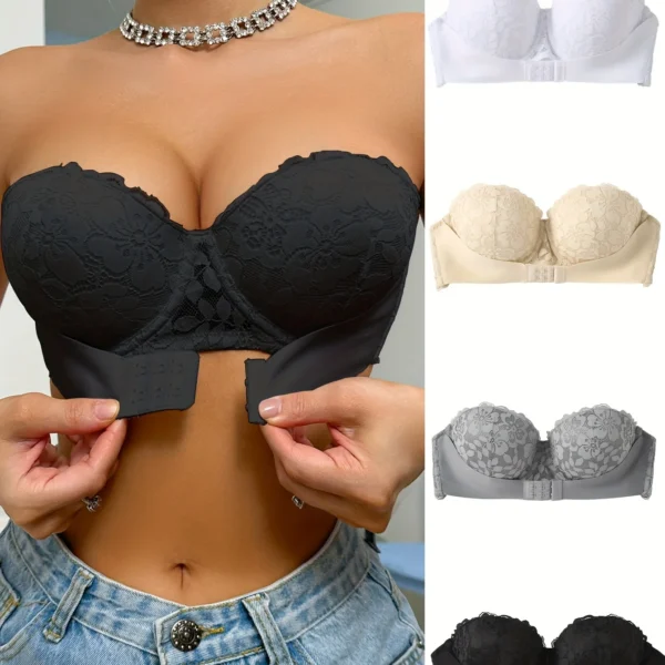 4-Pack Women's Multicolor Strapless Lingerie Sexy Lace Wrap Push up Invisible Front Button Off Shoulder Lingerie