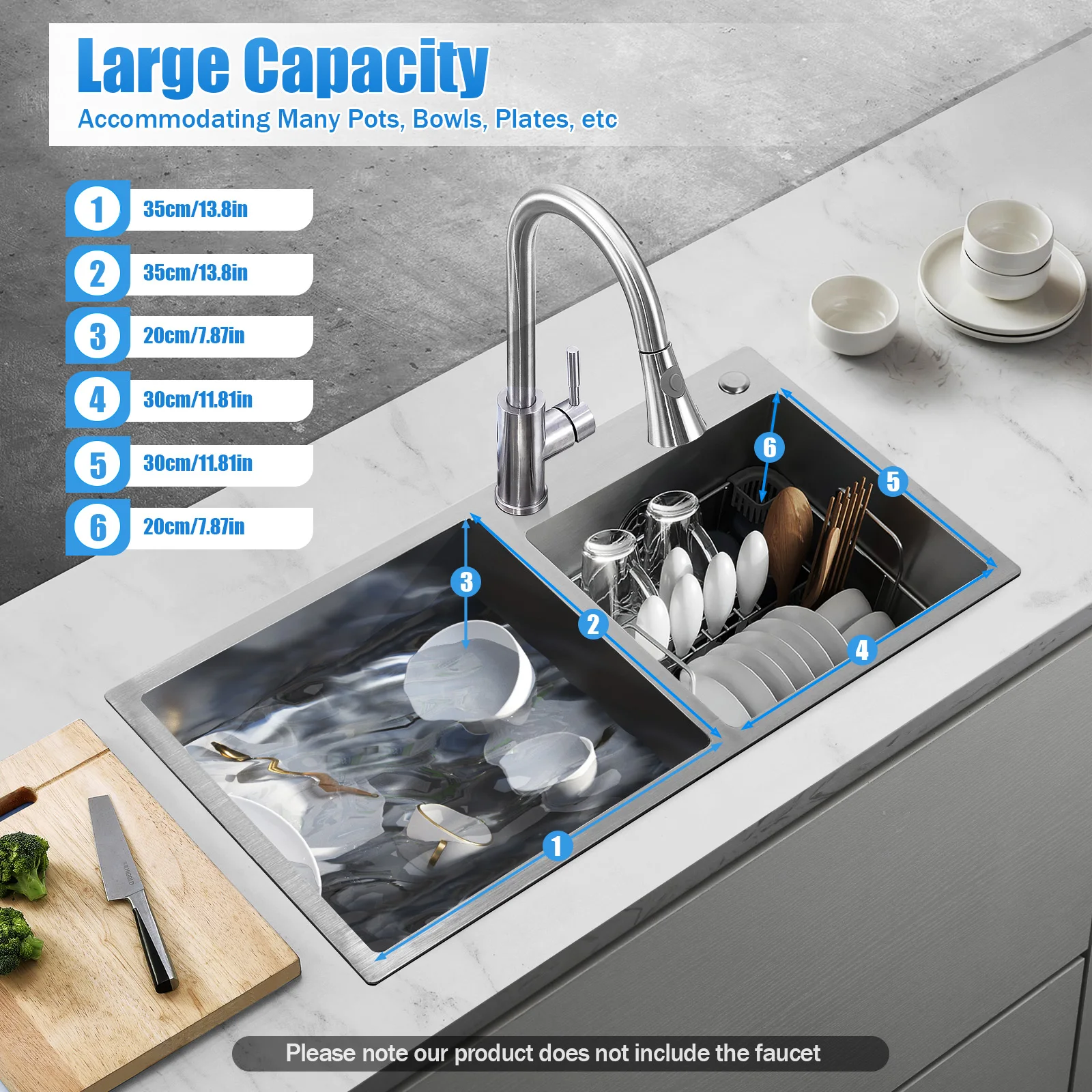 Commercial Stainless Steel Sink 2 Compartment Drop-in Kitchen Sink With Drainer Basket & Pipes For Garages Laundry 78x43x21cm