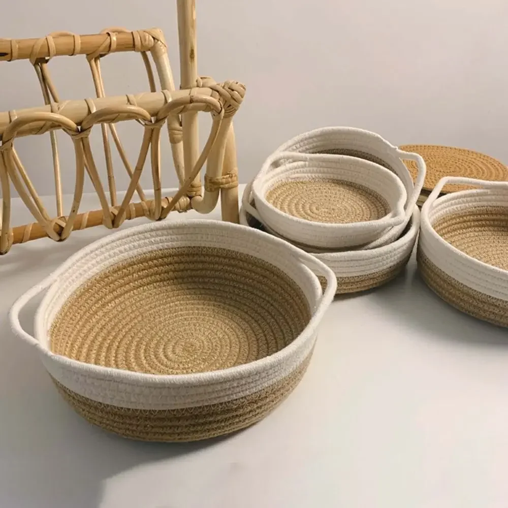 Cotton Rope Woven Baskets Set Handmade Round 5 Sizes Sundries Organizer with Handle for Cosmetics Bathroom Kitchen Baby basket