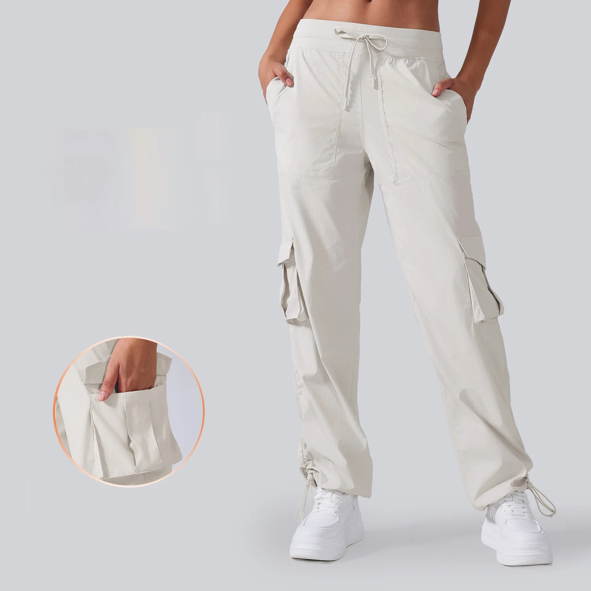 SHINBENE Lightweight Quick-drying Outdoor Running Pants Women's Drawstring Large Pocket Wide Leg Cargo Casual Pants