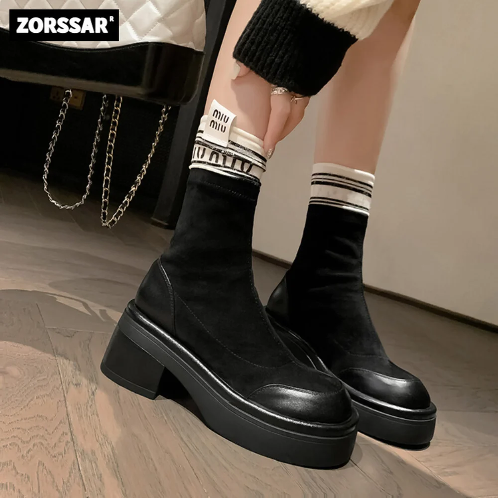 Stylish Concise Round Toe Thick Heel Women Ankle Platform Stretch Boots Suede Boots Korean Style Winter Footwear Size 34-42