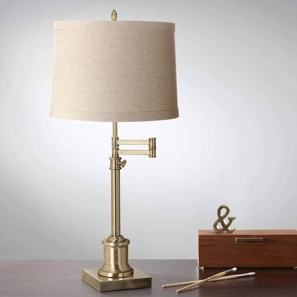 Westbury Traditional Swing Arm Desk Table Lamp Adjustable 36" Tall Antique Brass Natural Linen Drum Shade for Livin