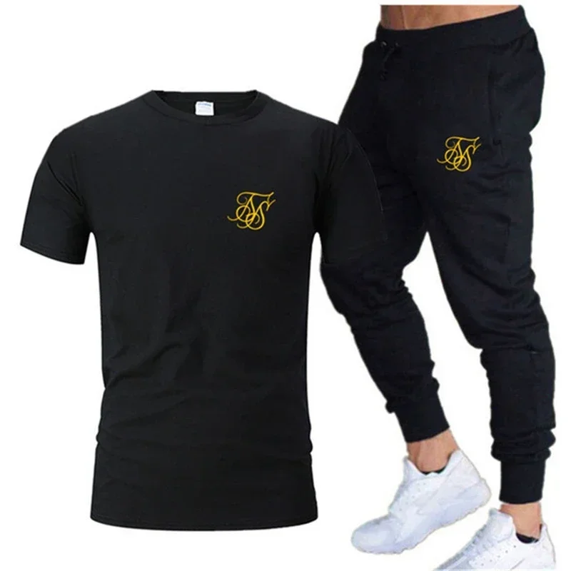 2024 SikSilk Men's summer casual suit T-shirt + pants two casual sports suit men's sports fitness brand clothing sports suit