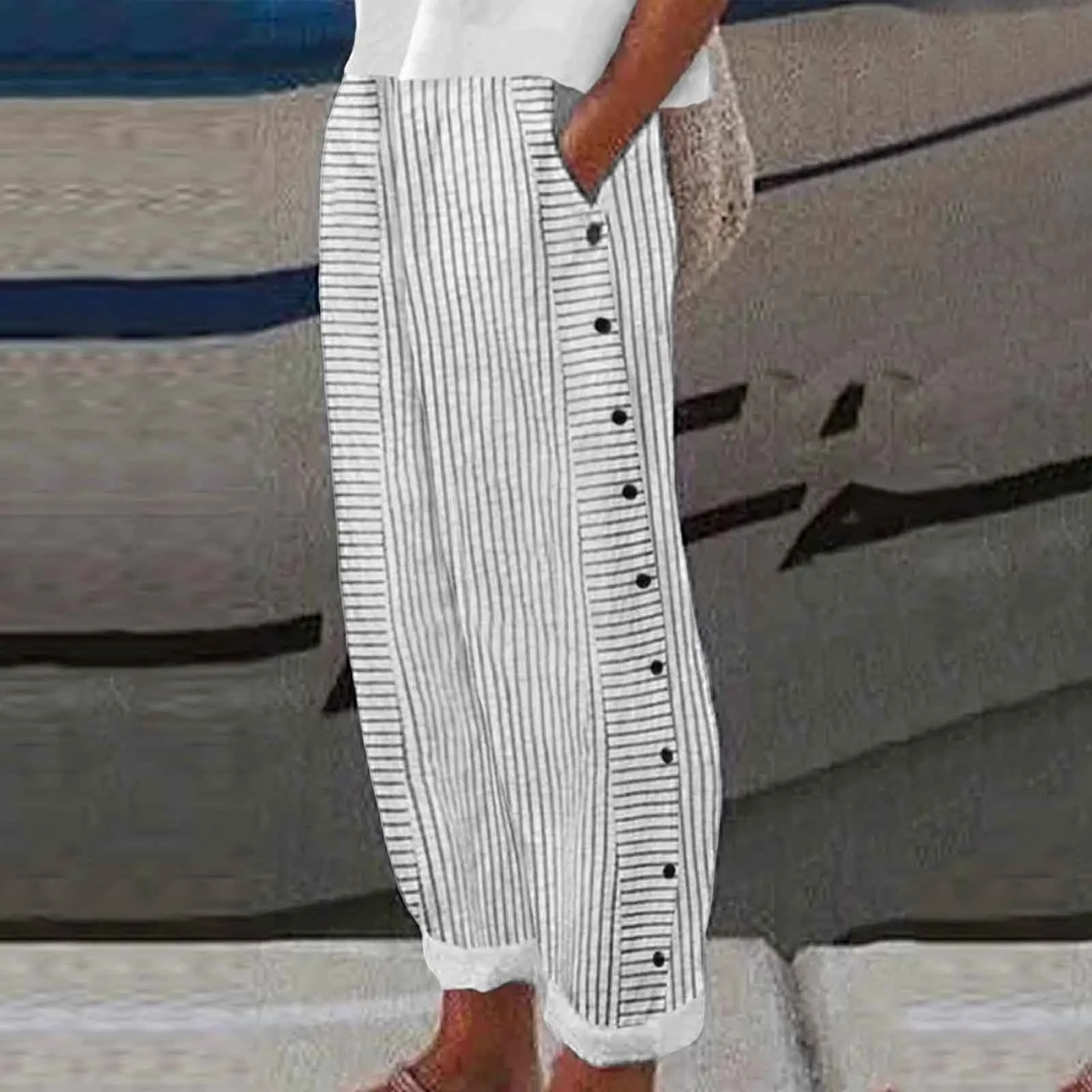 Long Linen Pants Women Women Summer Fashion Striped Print Button Casual Versatile Loose High Waist Yoga Dress Pants For Women