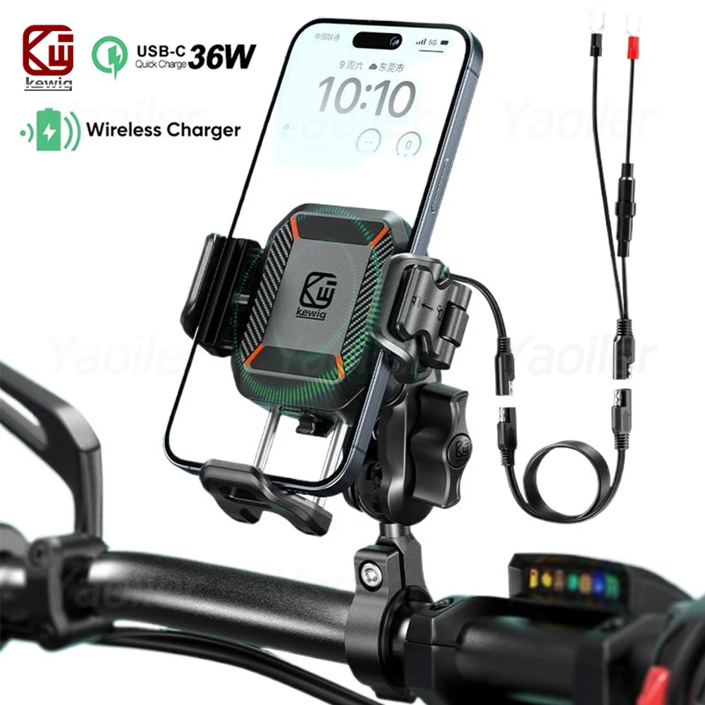 Motorcycle Phone Holder Handlebar Mount 15W Wireless Charger & 36W PD/USB C Fast Charging Port 1s Lock Release Camera Friendly